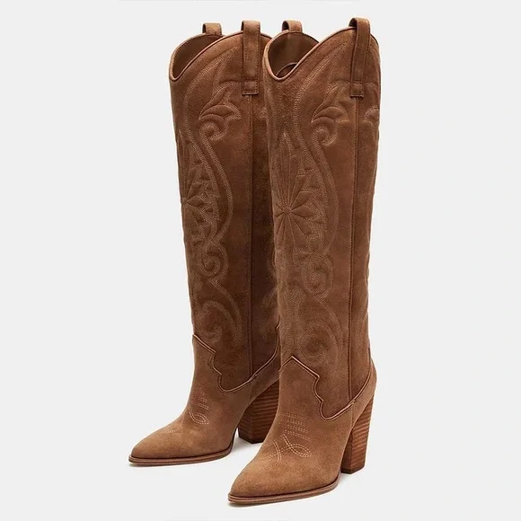 Steve Madden Lasso Pointed Toe Chunky Heel Knee-high Brown Cowboy Boots 8 - Picture 5 of 15